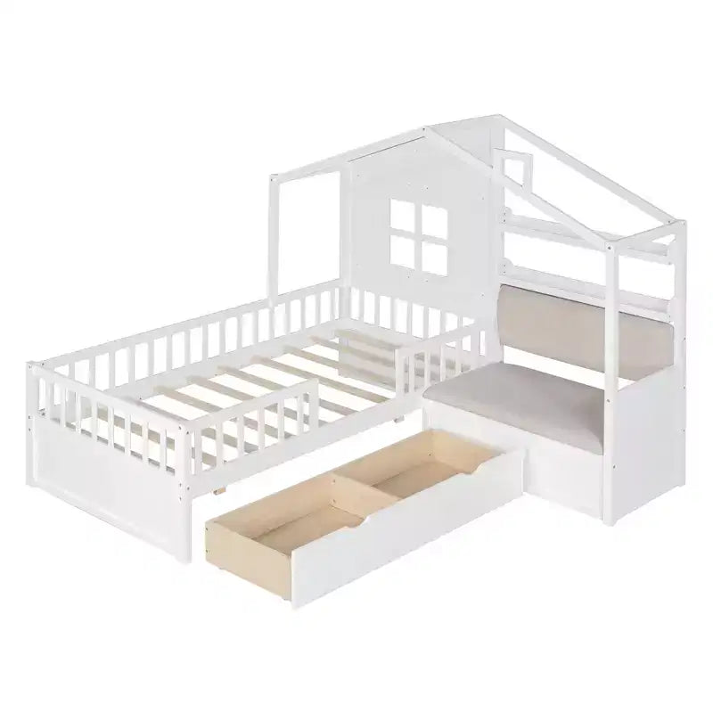 Cama infantil individual con diseño de casa, sofá lateral, 2 cajones y estante de almacenamiento, blanca