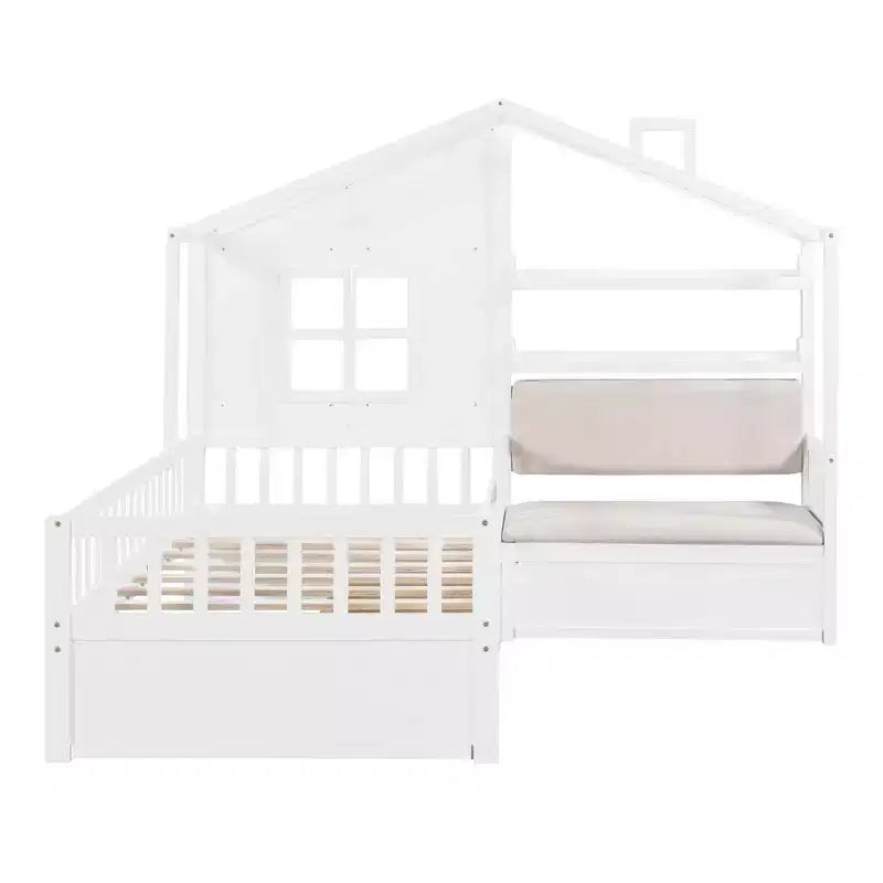 Cama infantil individual con diseño de casa, sofá lateral, 2 cajones y estante de almacenamiento, blanca