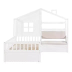 Cama infantil individual con diseño de casa, sofá lateral, 2 cajones y estante de almacenamiento, blanca