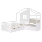 Cama infantil individual con diseño de casa, sofá lateral, 2 cajones y estante de almacenamiento, blanca