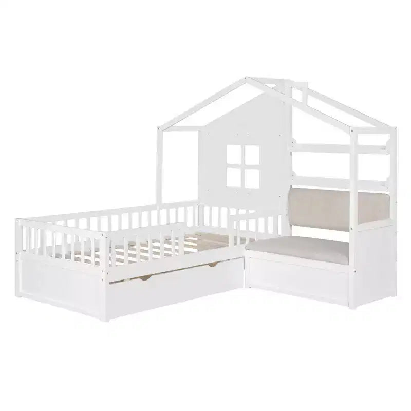 Cama infantil individual con diseño de casa, sofá lateral, 2 cajones y estante de almacenamiento, blanca