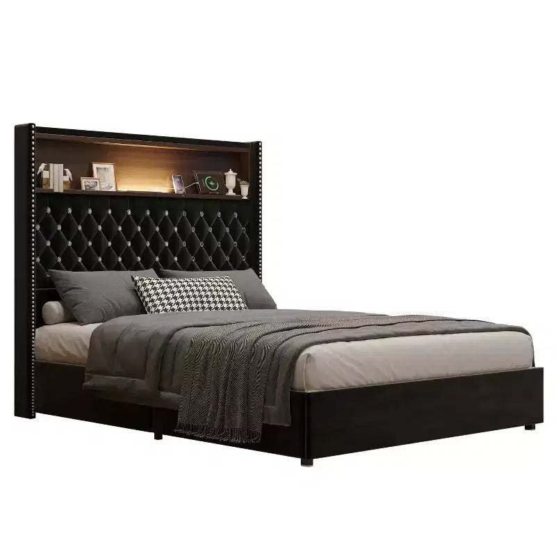 Cama de plataforma tapizada de terciopelo tamaño completo, cabecero con alas de 132 cm con luz nocturna y puerto USB, color negro
