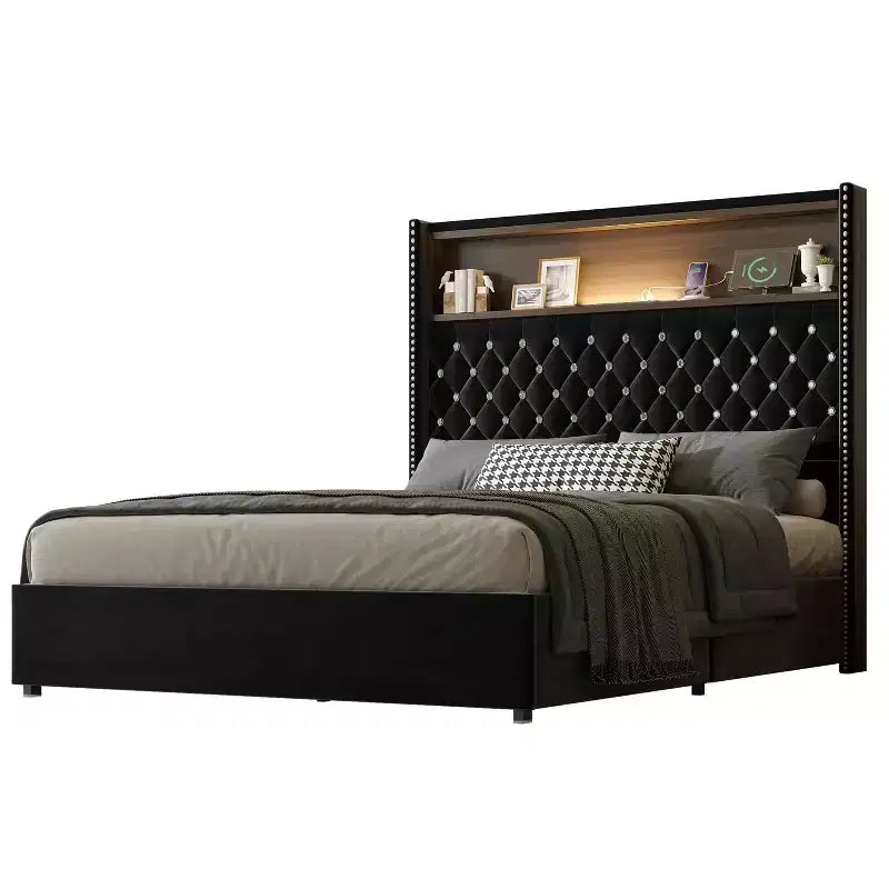 Cama de plataforma tapizada de terciopelo tamaño completo, cabecero con alas de 132 cm con luz nocturna y puerto USB, color negro