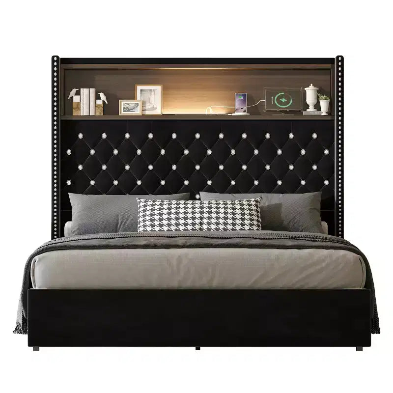 Cama de plataforma tapizada de terciopelo tamaño completo, cabecero con alas de 132 cm con luz nocturna y puerto USB, color negro