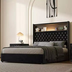 Cama de plataforma tapizada de terciopelo tamaño completo, cabecero con alas de 132 cm con luz nocturna y puerto USB, color negro