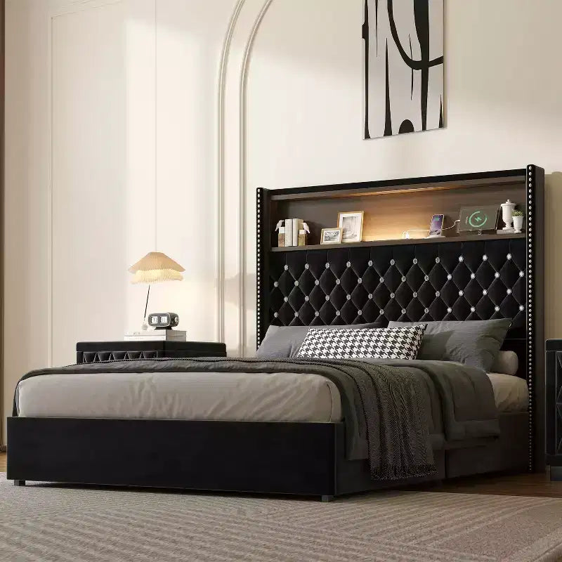 Cama de plataforma tapizada de terciopelo tamaño completo, cabecero con alas de 132 cm con luz nocturna y puerto USB, color negro