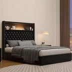 Cama de plataforma tapizada de terciopelo tamaño completo, cabecero con alas de 132 cm con luz nocturna y puerto USB, color negro