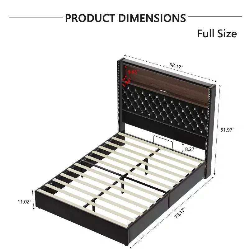 Cama de plataforma tapizada de terciopelo tamaño completo, cabecero con alas de 132 cm con luz nocturna y puerto USB, color negro