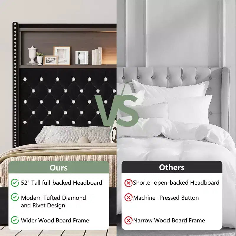 Cama de plataforma tapizada de terciopelo tamaño completo, cabecero con alas de 132 cm con luz nocturna y puerto USB, color negro