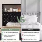 Cama de plataforma tapizada de terciopelo tamaño completo, cabecero con alas de 132 cm con luz nocturna y puerto USB, color negro