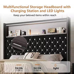 Cama de plataforma tapizada de terciopelo tamaño completo, cabecero con alas de 132 cm con luz nocturna y puerto USB, color negro