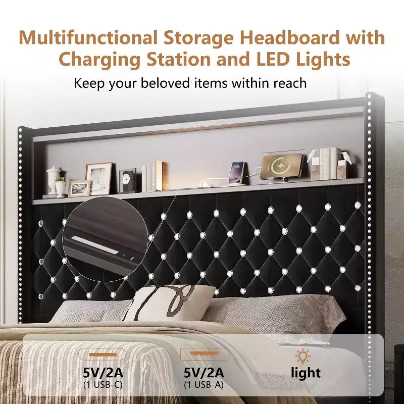 Cama de plataforma tapizada de terciopelo tamaño completo, cabecero con alas de 132 cm con luz nocturna y puerto USB, color negro