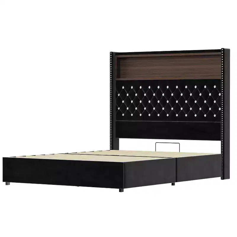 Cama de plataforma tapizada de terciopelo tamaño completo, cabecero con alas de 132 cm con luz nocturna y puerto USB, color negro