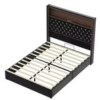 Cama de plataforma tapizada de terciopelo tamaño completo, cabecero con alas de 132 cm con luz nocturna y puerto USB, color negro