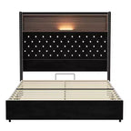 Cama de plataforma tapizada de terciopelo tamaño completo, cabecero con alas de 132 cm con luz nocturna y puerto USB, color negro