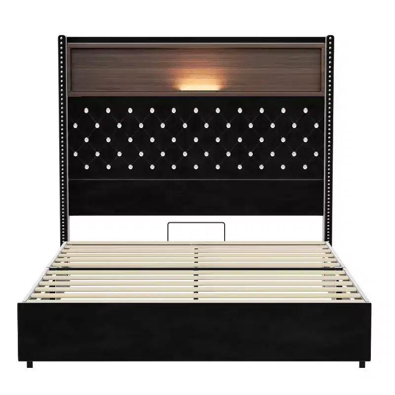 Cama de plataforma tapizada de terciopelo tamaño completo, cabecero con alas de 132 cm con luz nocturna y puerto USB, color negro