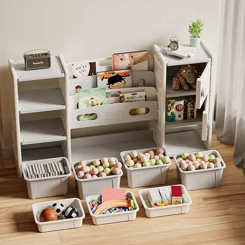 Organizador de almacenamiento Armario de 8 compartimentos con cubos de juguete extraíbles, estantería de almacenamiento de 4 niveles y 2 armarios de almacenamiento para sala de juegos, dormitorio, habitación infantil
