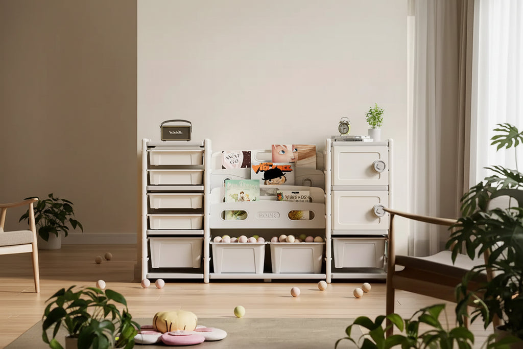 Storage Organizer 8 storage cabinet Removable Toy Bins, 4-Tier Book organizers Storage and 2 cabinet storage for Playroom, Bedroom, Kids Room