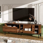 Mueble de TV moderno para televisores de hasta 75 pulgadas, centro de entretenimiento de madera de 70.8 pulgadas con almacenamiento y puerta corrediza, mesa consola multimedia para sala de estar o dormitorio