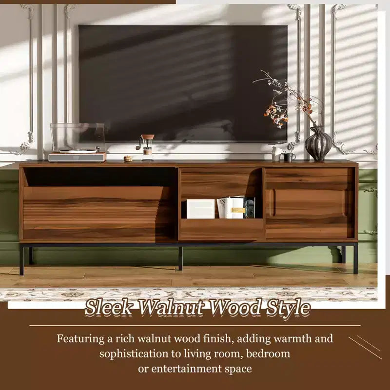 Mueble de TV moderno para televisores de hasta 75 pulgadas, centro de entretenimiento de madera de 70.8 pulgadas con almacenamiento y puerta corrediza, mesa consola multimedia para sala de estar o dormitorio