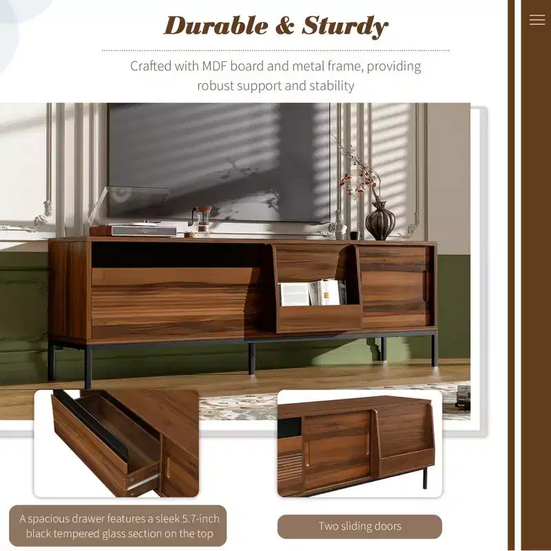 Mueble de TV moderno para televisores de hasta 75 pulgadas, centro de entretenimiento de madera de 70.8 pulgadas con almacenamiento y puerta corrediza, mesa consola multimedia para sala de estar o dormitorio