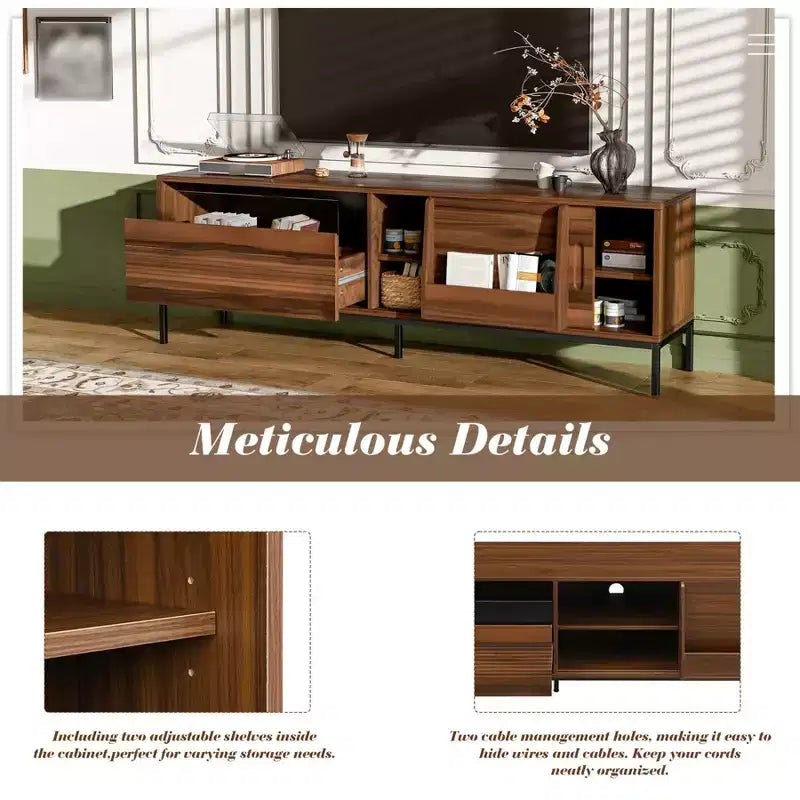Mueble de TV moderno para televisores de hasta 75 pulgadas, centro de entretenimiento de madera de 70.8 pulgadas con almacenamiento y puerta corrediza, mesa consola multimedia para sala de estar o dormitorio