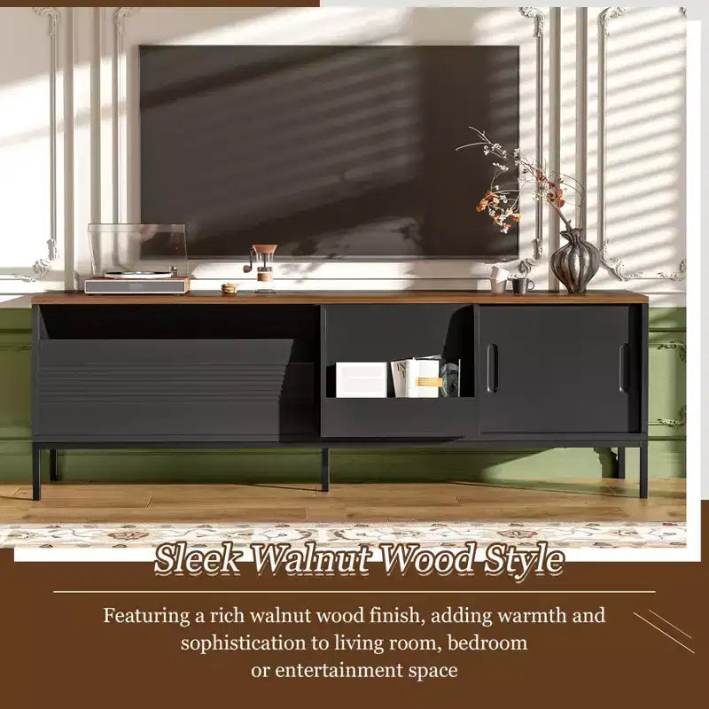 Mueble de TV moderno para televisores de hasta 75 pulgadas, centro de entretenimiento de madera de 70.8 pulgadas con almacenamiento y puerta corrediza, mesa consola multimedia para sala de estar o dormitorio