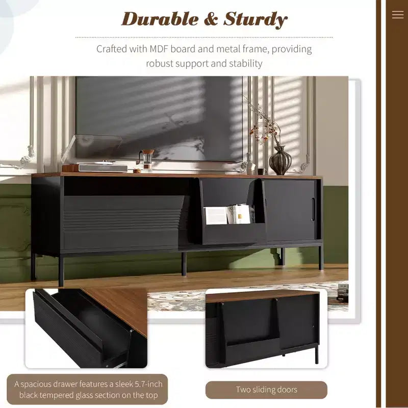 Mueble de TV moderno para televisores de hasta 75 pulgadas, centro de entretenimiento de madera de 70.8 pulgadas con almacenamiento y puerta corrediza, mesa consola multimedia para sala de estar o dormitorio
