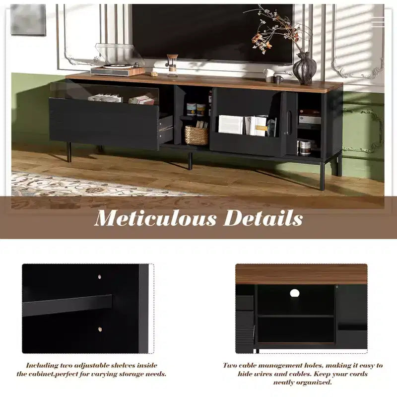 Mueble de TV moderno para televisores de hasta 75 pulgadas, centro de entretenimiento de madera de 70.8 pulgadas con almacenamiento y puerta corrediza, mesa consola multimedia para sala de estar o dormitorio