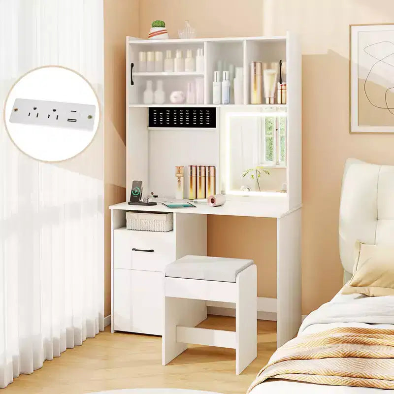 Tocador de 39.5'' con espejo, luces LED, tomas de corriente y estantes de brillo ajustable