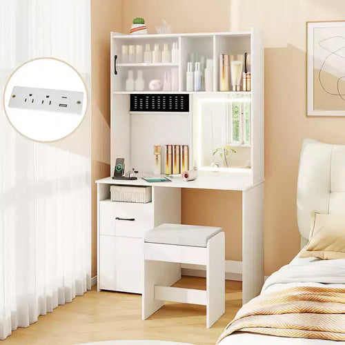 Tocador de 39.5'' con espejo, luces LED, tomas de corriente y estantes de brillo ajustable