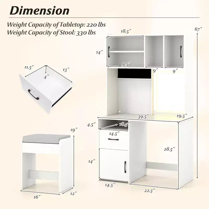 Tocador de 39.5'' con espejo, luces LED, tomas de corriente y estantes de brillo ajustable