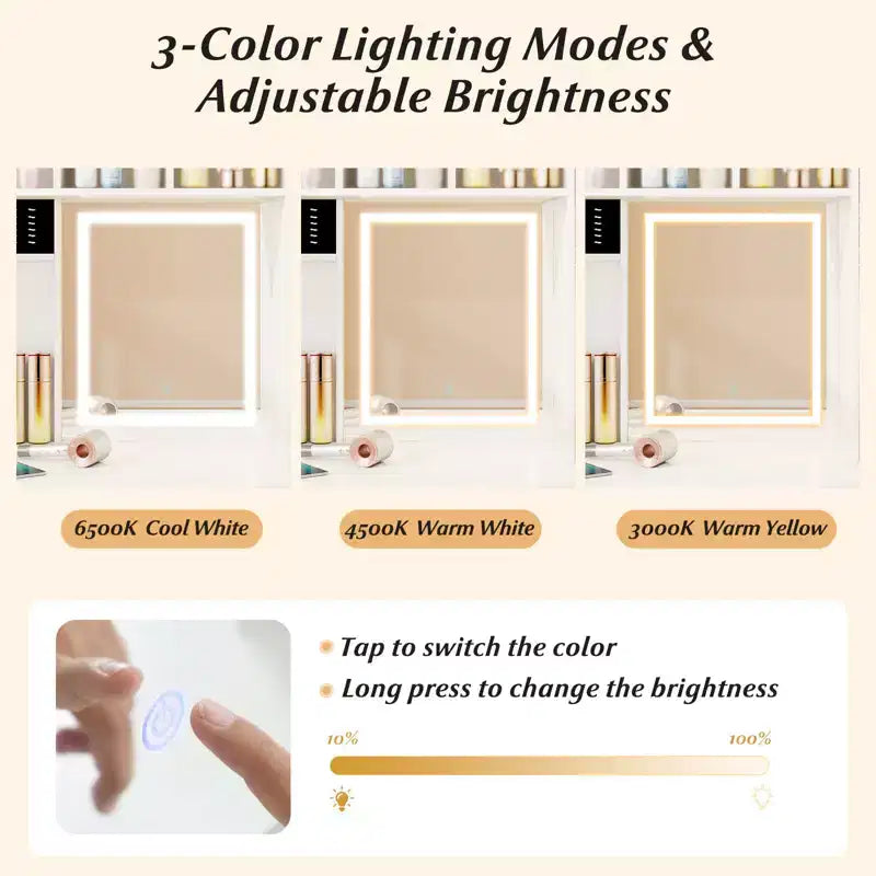Tocador de 39.5'' con espejo, luces LED, tomas de corriente y estantes de brillo ajustable
