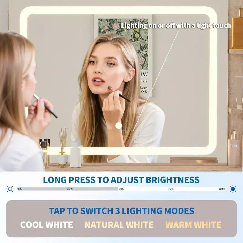 Tocador de Maquillaje con Espejo Iluminado, Tocador LED de 31.5 con 2 Cajones, 3 Modos de Iluminación de Colores, Tocador Acanalado con Estación de Carga