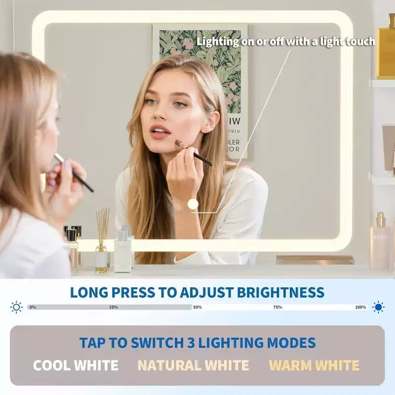 Tocador de Maquillaje con Espejo Iluminado, Tocador LED de 31.5 con 2 Cajones, 3 Modos de Iluminación de Colores, Tocador Acanalado con Estación de Carga