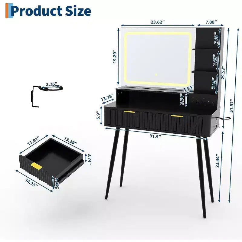 Tocador de Maquillaje con Espejo Iluminado, Tocador LED de 31.5 con 2 Cajones, 3 Modos de Iluminación de Colores, Tocador Acanalado con Estación de Carga