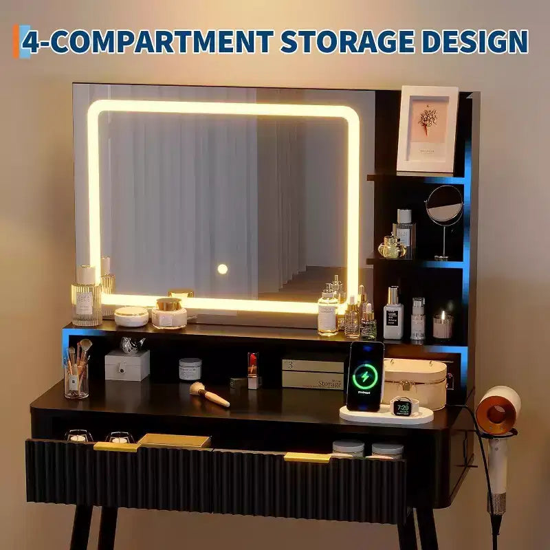 Tocador de Maquillaje con Espejo Iluminado, Tocador LED de 31.5 con 2 Cajones, 3 Modos de Iluminación de Colores, Tocador Acanalado con Estación de Carga