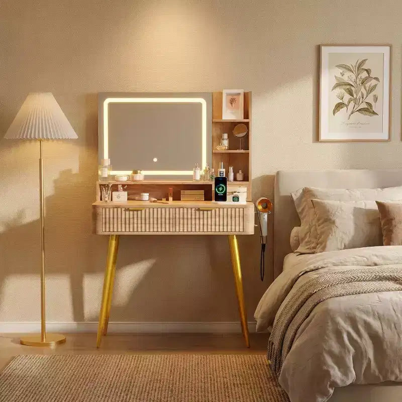 Tocador de Maquillaje con Espejo Iluminado, Tocador LED de 31.5 con 2 Cajones, 3 Modos de Iluminación de Colores, Tocador Acanalado con Estación de Carga