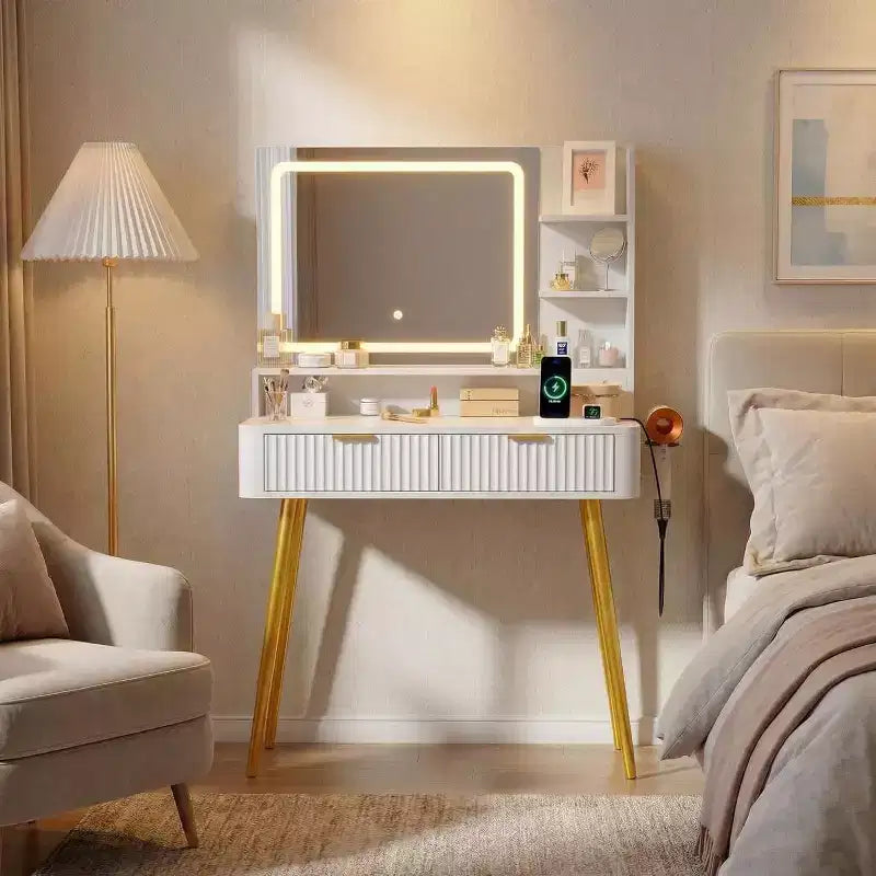 Tocador de Maquillaje con Espejo Iluminado, Tocador LED de 31.5 con 2 Cajones, 3 Modos de Iluminación de Colores, Tocador Acanalado con Estación de Carga