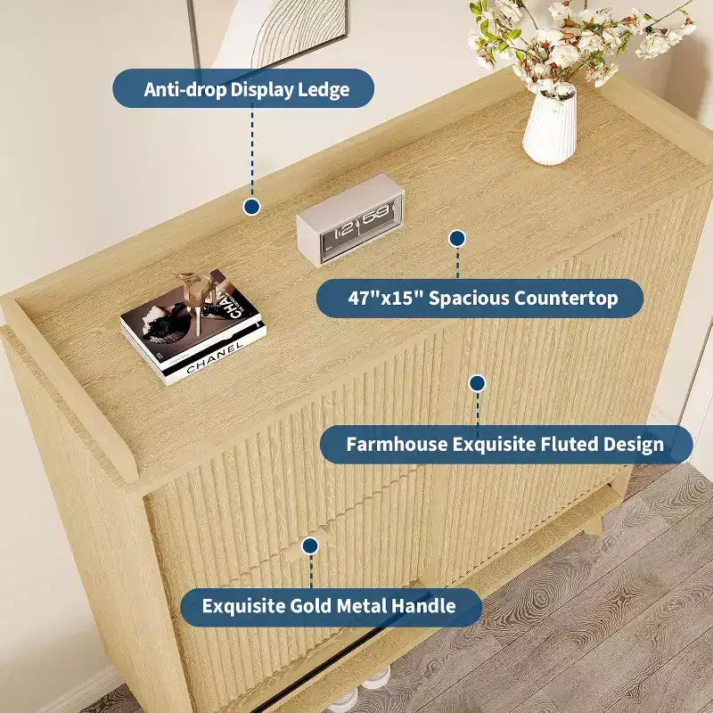 Zapatero Acanalado, Estantería Estrecha Independiente para Zapatos Organizador de Almacenamiento de Madera con Puerta Corredera y 2 Cajones y Estantes Ajustables para el Hogar