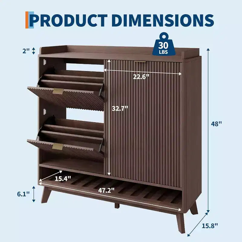 Zapatero Acanalado, Estantería Estrecha Independiente para Zapatos Organizador de Almacenamiento de Madera con Puerta Corredera y 2 Cajones y Estantes Ajustables para el Hogar