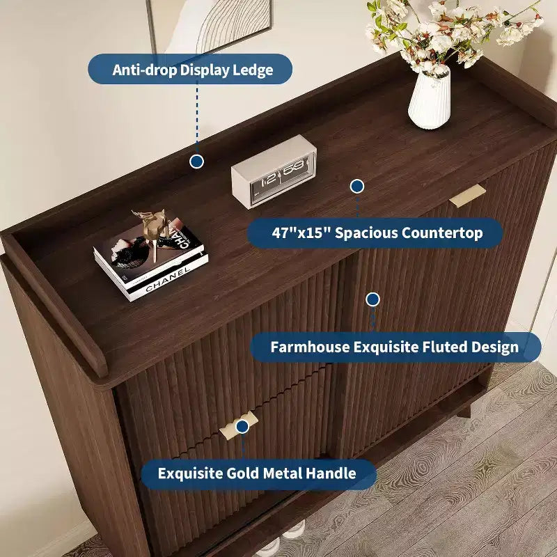 Zapatero Acanalado, Estantería Estrecha Independiente para Zapatos Organizador de Almacenamiento de Madera con Puerta Corredera y 2 Cajones y Estantes Ajustables para el Hogar