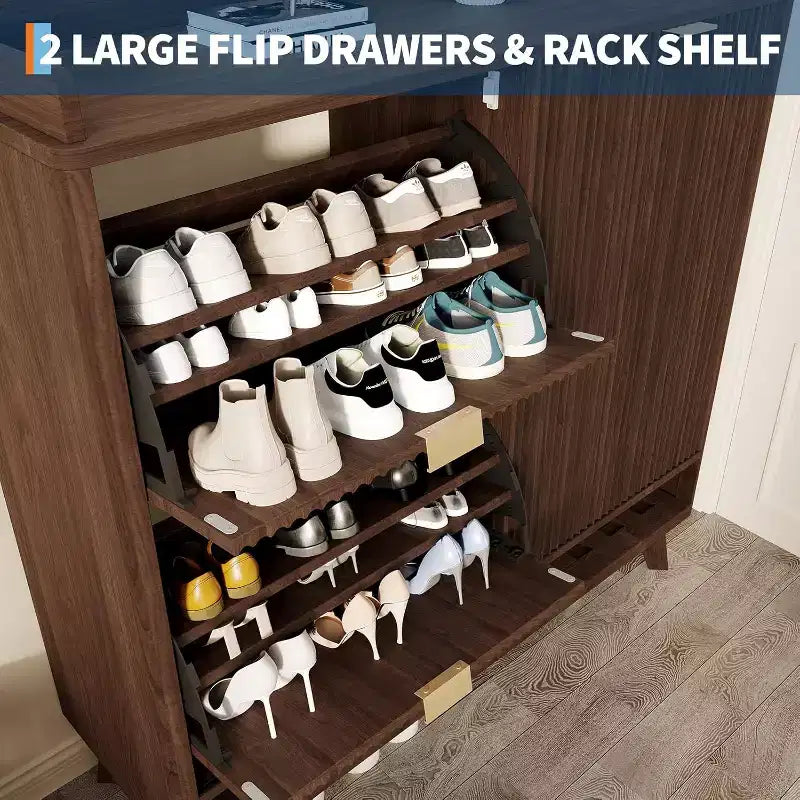 Zapatero Acanalado, Estantería Estrecha Independiente para Zapatos Organizador de Almacenamiento de Madera con Puerta Corredera y 2 Cajones y Estantes Ajustables para el Hogar