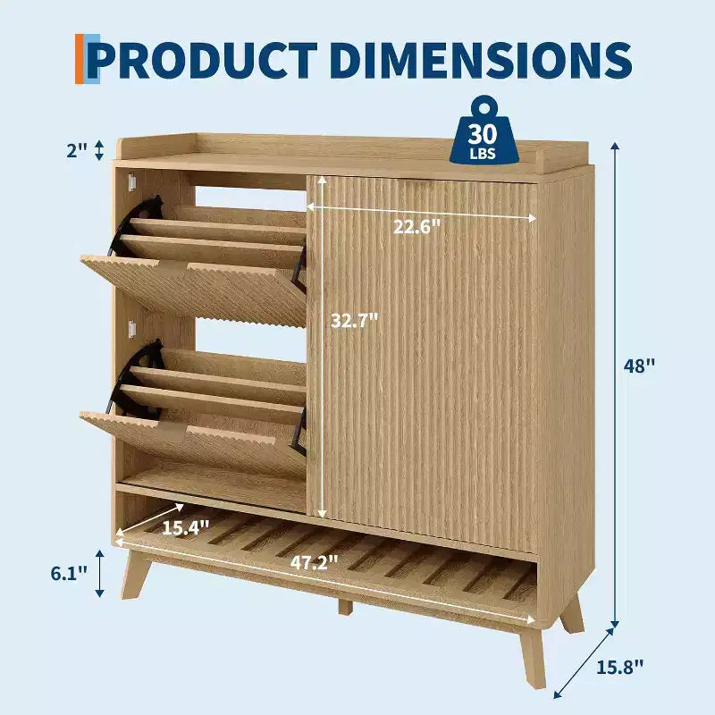 Zapatero Acanalado, Estantería Estrecha Independiente para Zapatos Organizador de Almacenamiento de Madera con Puerta Corredera y 2 Cajones y Estantes Ajustables para el Hogar