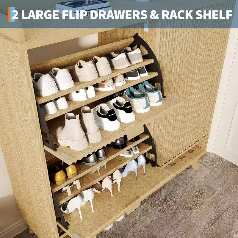 Zapatero Acanalado, Estantería Estrecha Independiente para Zapatos Organizador de Almacenamiento de Madera con Puerta Corredera y 2 Cajones y Estantes Ajustables para el Hogar