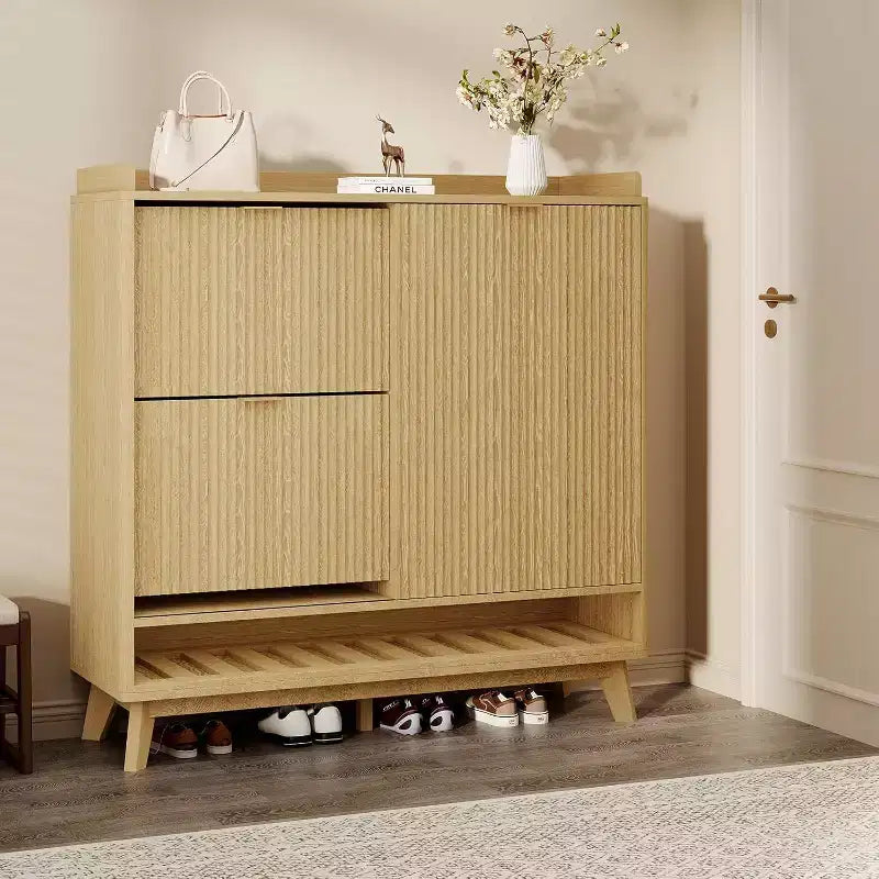 Zapatero Acanalado, Estantería Estrecha Independiente para Zapatos Organizador de Almacenamiento de Madera con Puerta Corredera y 2 Cajones y Estantes Ajustables para el Hogar