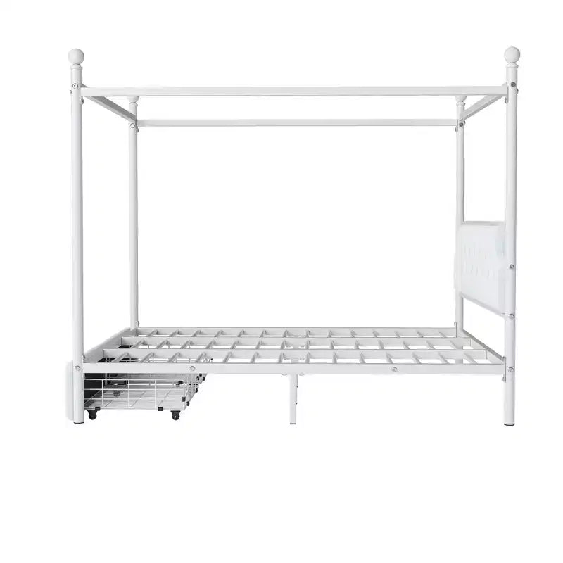 Cama de plataforma con dosel de metal moderna tamaño Queen con cabecero tapizado y 2 cajones, blanco