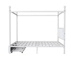 Cama de plataforma con dosel de metal moderna tamaño Queen con cabecero tapizado y 2 cajones, blanco