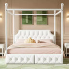 Cama de plataforma con dosel de metal moderna tamaño Queen con cabecero tapizado y 2 cajones, blanco