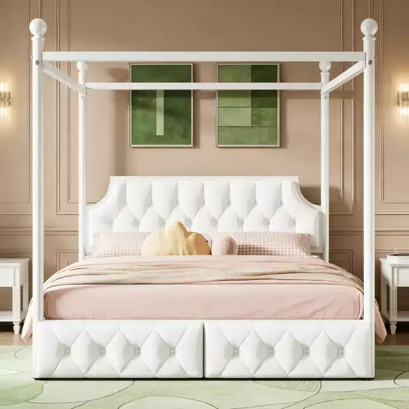 Cama de plataforma con dosel de metal moderna tamaño Queen con cabecero tapizado y 2 cajones, blanco